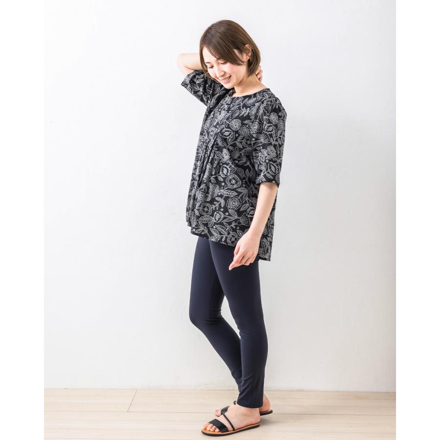 Plantation ドット Rippleチュニック　製品染め 七分袖 インド綿 チュニック ブラウス 刺繍 シャツ コットン 七分袖 ゆったり