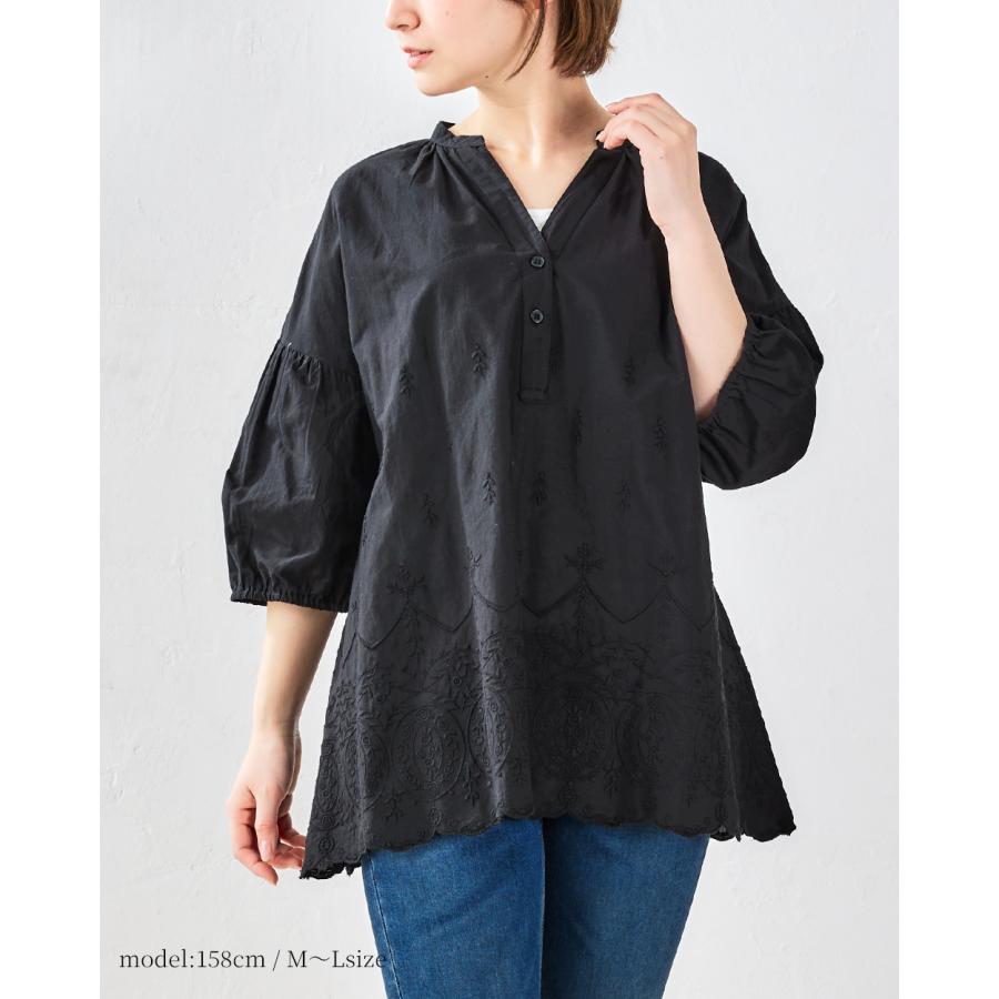 インド綿 綿100％ 同色刺繍  ブラウス プルオーバー お尻もすっぽり 体型カバー 春 夏 ロングシーズン トップス  7分袖  レディース |  | 14