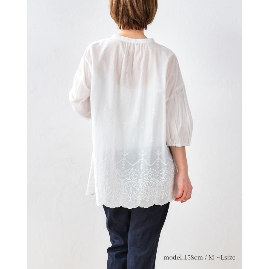 インド綿 綿100％ 同色刺繍  ブラウス プルオーバー お尻もすっぽり 体型カバー 春 夏 ロングシーズン トップス  7分袖  レディース |  | 06