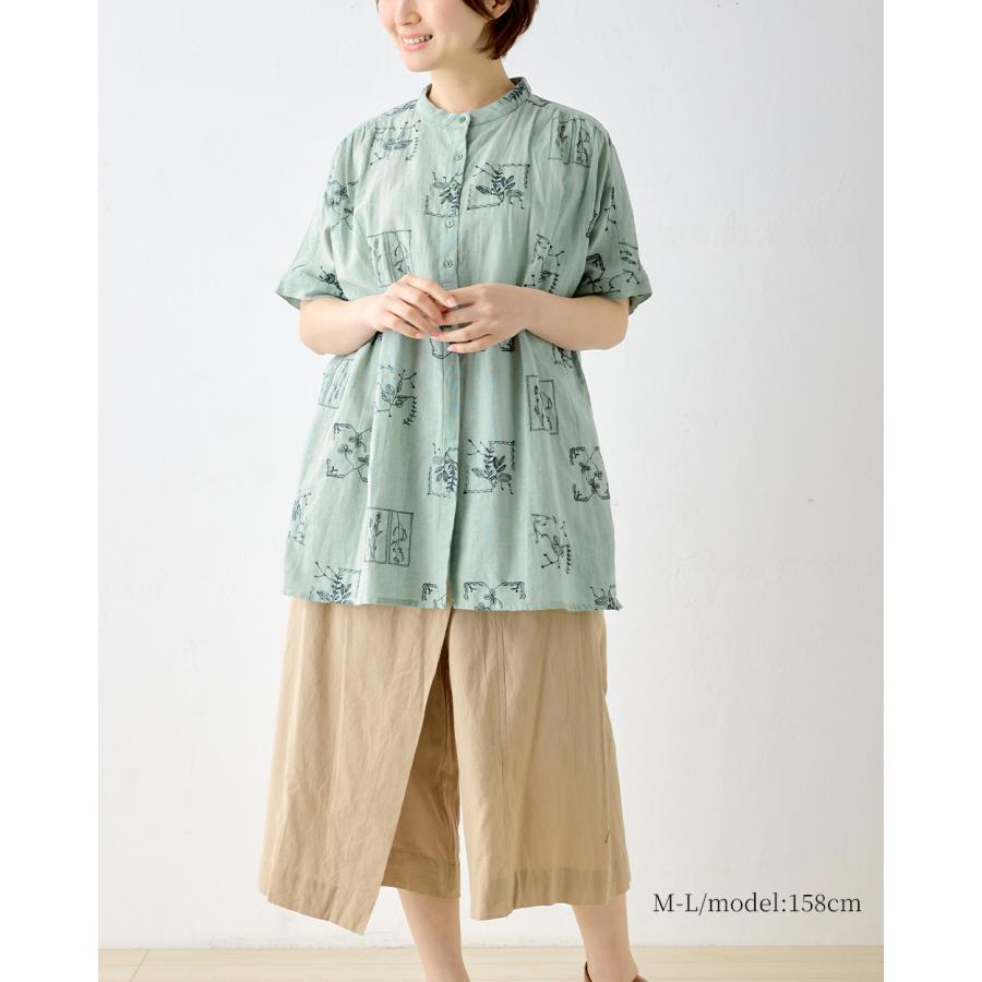刺繍チュニック コットンリネン シャツ ブラウス 半袖 花柄 インド綿
