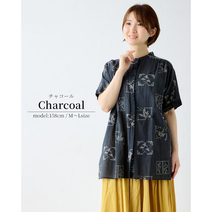 刺繍チュニック コットンリネン シャツ ブラウス 半袖 花柄