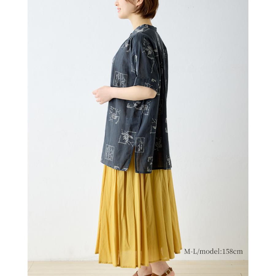刺繍チュニック コットンリネン シャツ ブラウス 半袖 花柄 インド綿