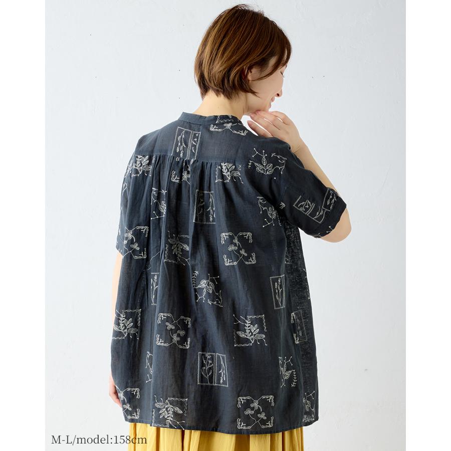 刺繍チュニック コットンリネン シャツ ブラウス 半袖 花柄 インド綿