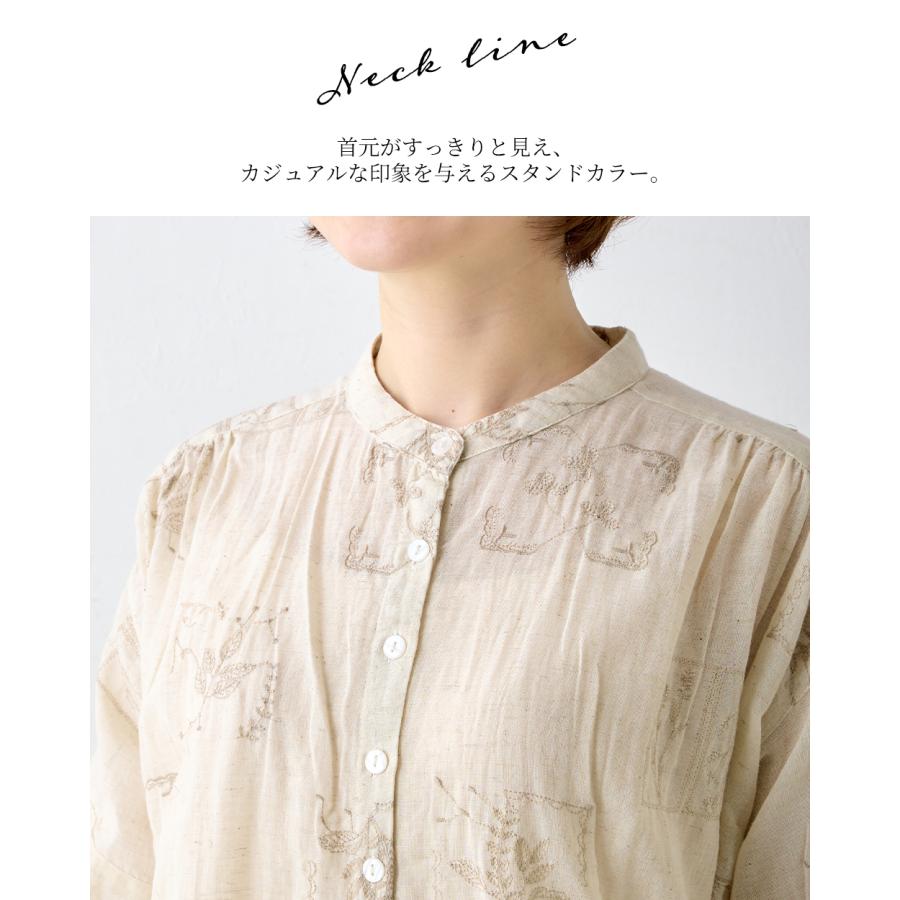 刺繍チュニック コットンリネン シャツ ブラウス 半袖 花柄 インド綿 