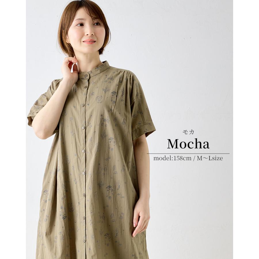 プリントワンピース シャツワンピース 綿100％ コットン 半袖 花柄 アート インド綿 トップス レディース ゆったり 綿 ナチュラル カジュアル 体型カバー 五分袖 |  | 06