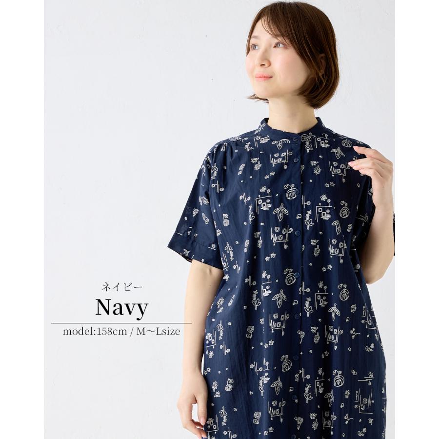 プリントワンピース シャツワンピース 綿100％ コットン 半袖 花柄 アート インド綿 トップス レディース ゆったり 綿 ナチュラル カジュアル 体型カバー 五分袖 |  | 09