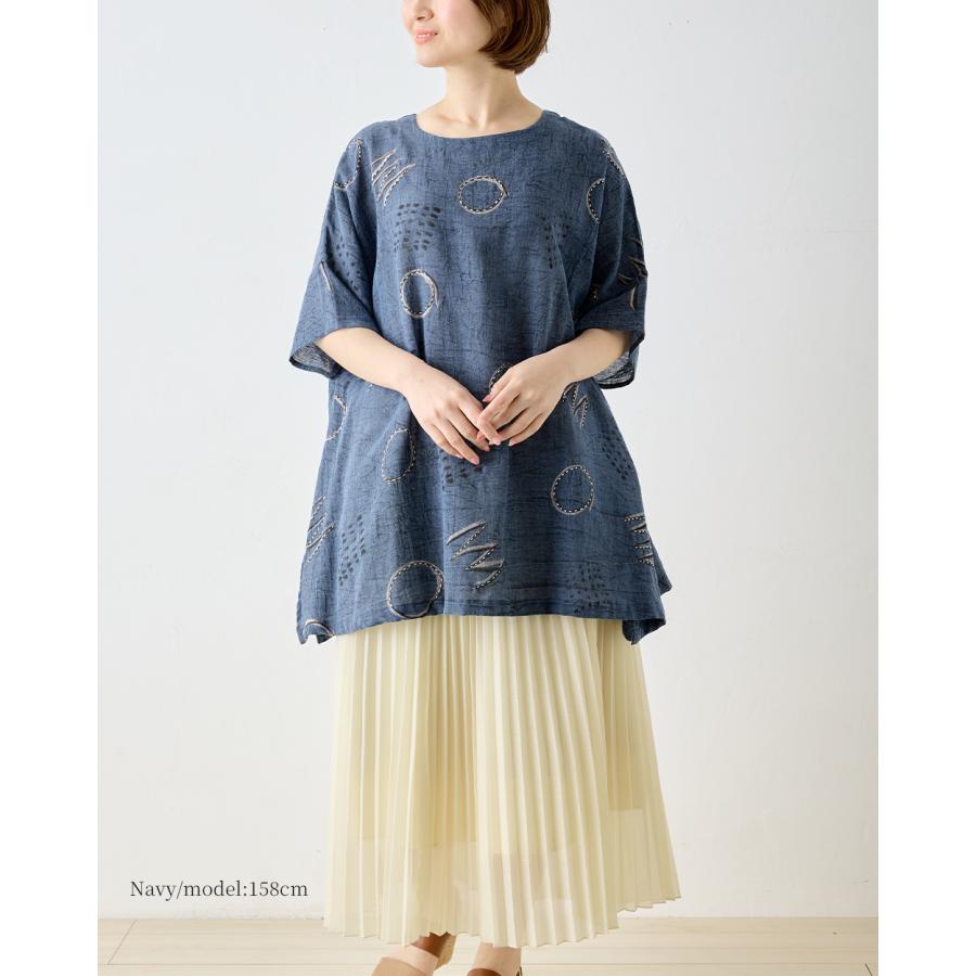 インド綿 チュニック レディース 七分袖 綿麻 刺繍 アシッドウォッシュ