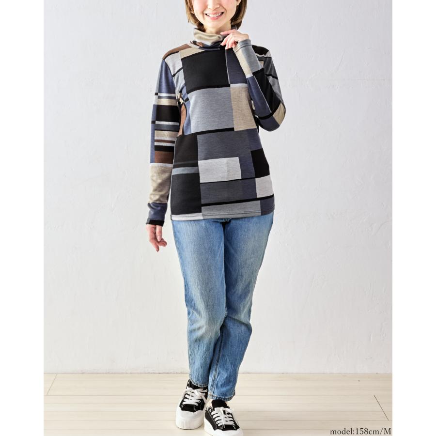 日本製 テンセル ハイネック タートルネック 総柄 プリント Tシャツ