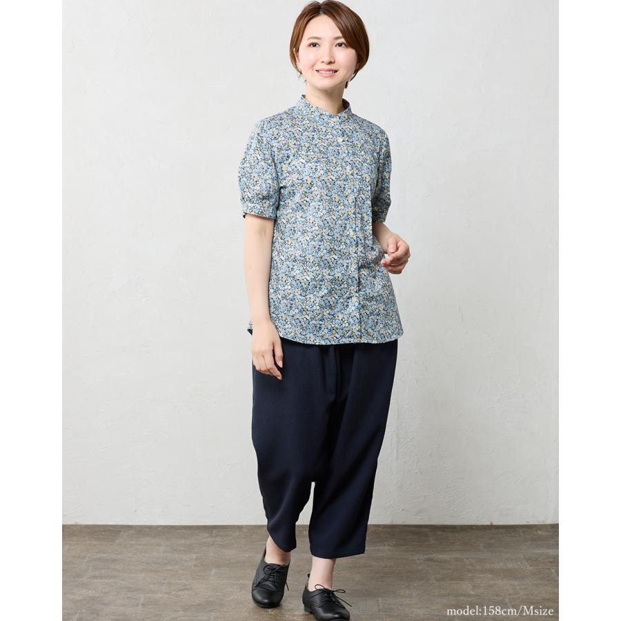 リバティ スタンド タック袖 バンドカラー 日本製 シャツ プリント 綿