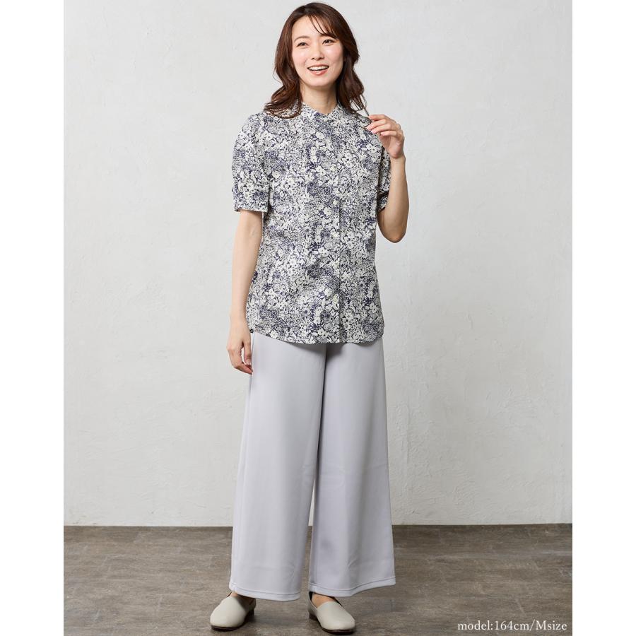 45R バンドカラータックプリーツブラウス カディコットン リボン 袖