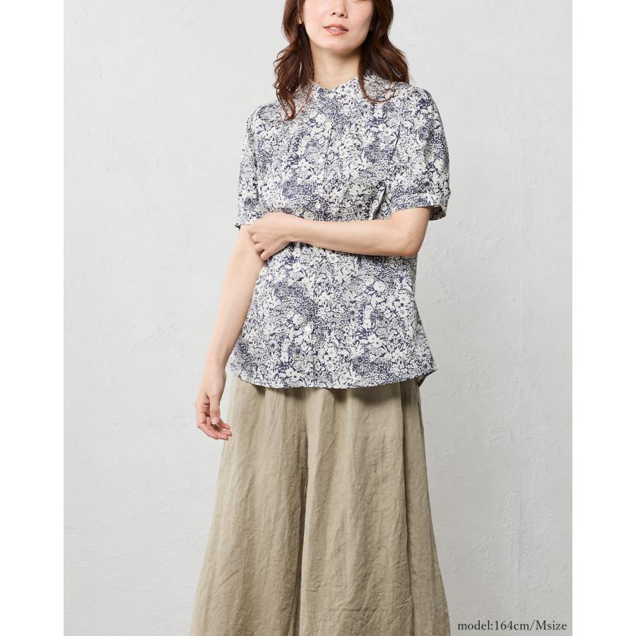 リバティ スタンド タック袖 バンドカラー 日本製 シャツ プリント 綿