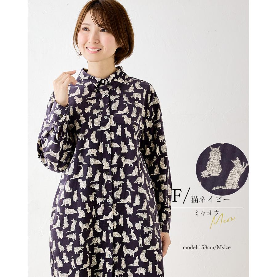 リバティ　コーデュロイシャツワンピース　猫柄　М〜L リバティ ブラウス シャツ コーデュロイ シャツワンピース ワンピース