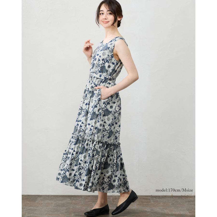 リバティープリント　美品 タナローン ネイビー花柄ロングワンピース リバティープリント 美品 タナローン ネイビー花柄ロング