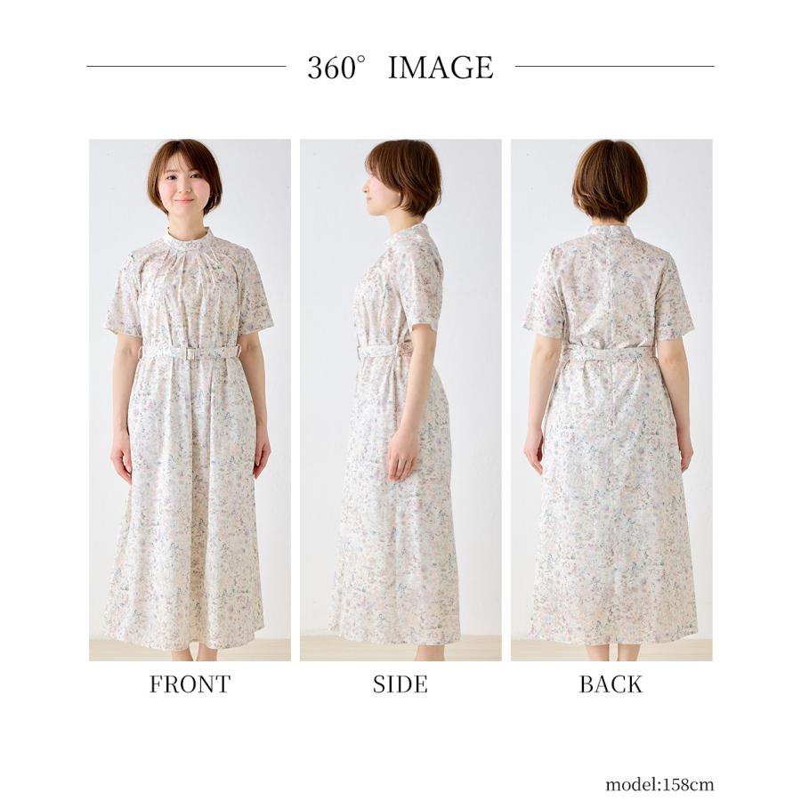 リバティ タナローン ワンピース レディース ベルト付き 大人 ロング丈 ロングワンピース シャツワンピース 大人 綿 きれいめ 半袖 aライン 30代 40代 50代の画像
