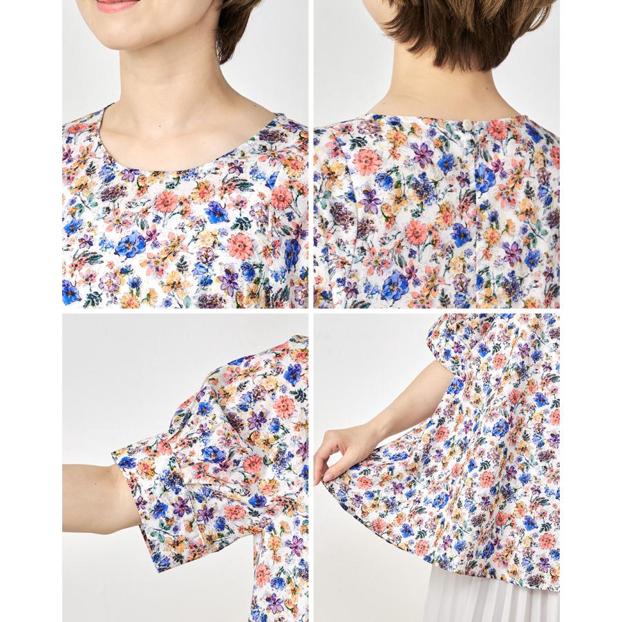 ブラウス レディース 半袖 花柄ブラウス 50代 チュニック 綿100% a