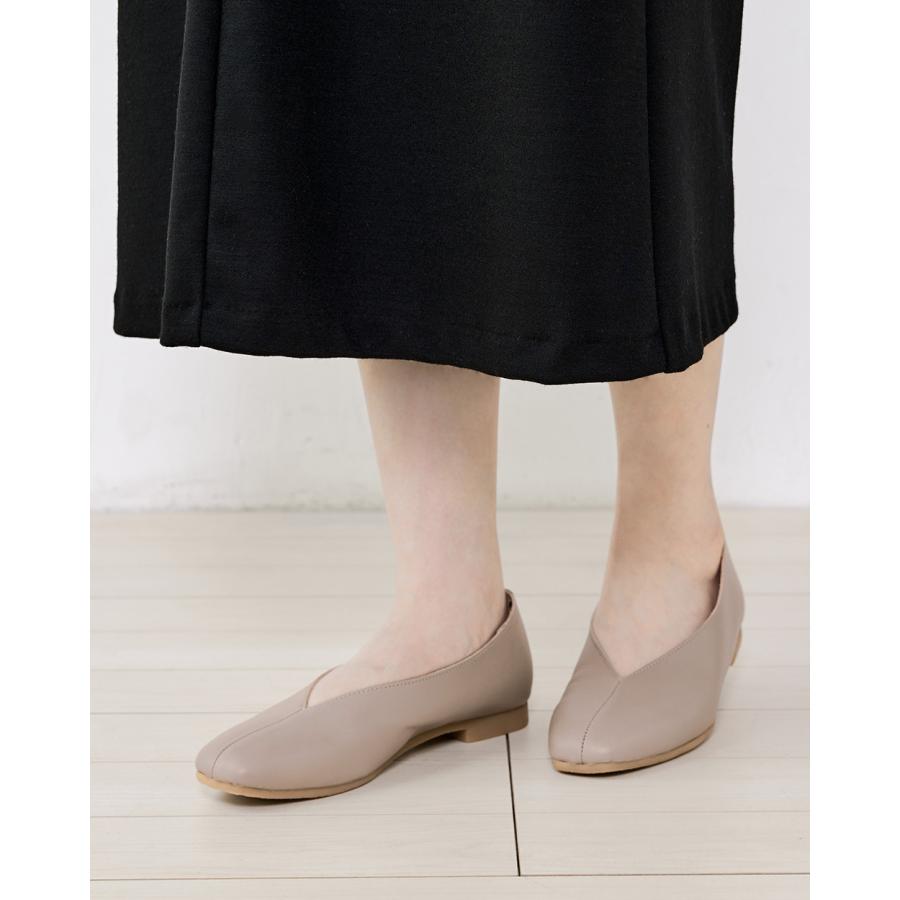 日本製 レザー 本革 Vカット スクエアトゥ フラットシューズ