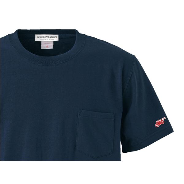 SUPER HEAVY WEIGHT 袖スピードアディクト POCKET T-shirt NAVY M/紺ネイビー刺繍ワッペンワンポイントhanes beefyヘインズビーフィー70s｜speed-addict｜03