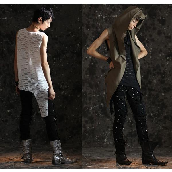 【h.ANARCHY】ダメージ加工タンクトップ　安全ピン 安全ピン付接結穴あき加工アシメグランジタンク MF021 : モンスーン