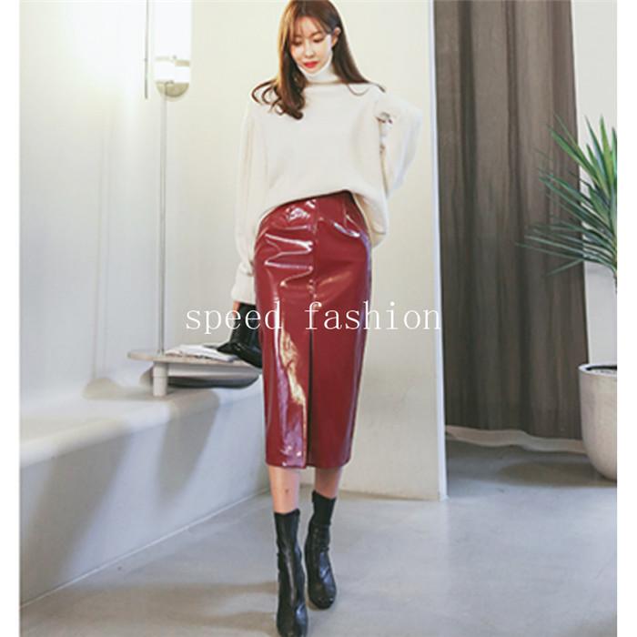 ハイウエスト スリム レザースカート レディース タイトスカート 無地  