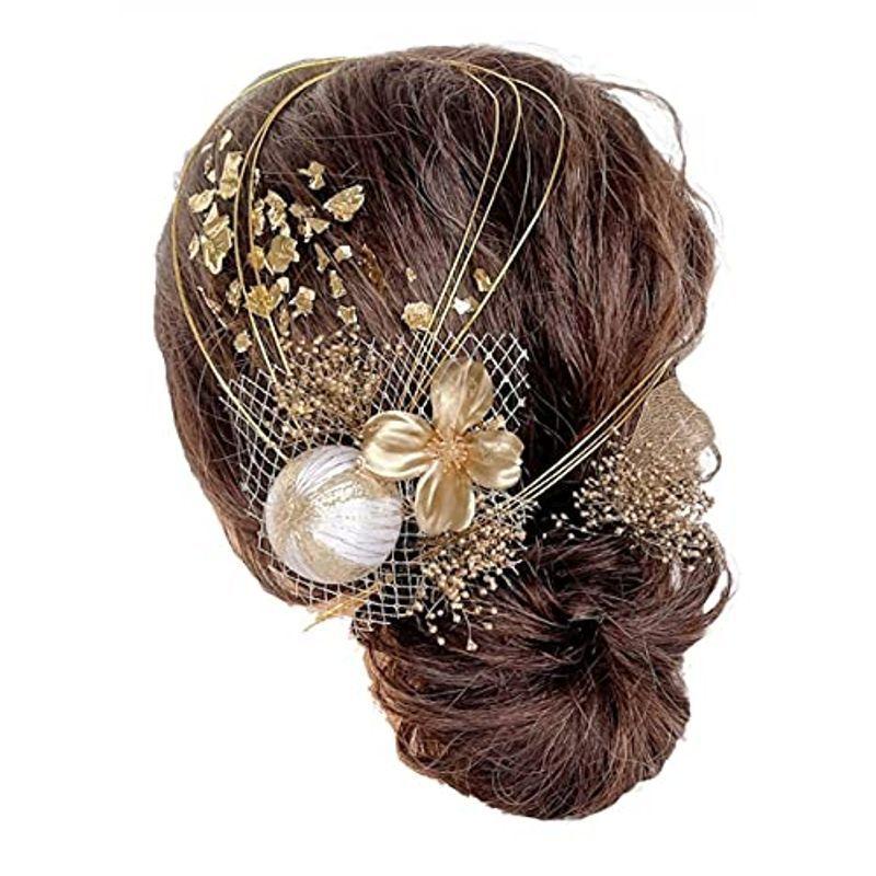 ゴールド系ドライフラワー の髪飾り 成人式 卒業式 結婚式 七五三 和装 振袖 浴衣に (ゴールド小花とドライフラワーのセット)