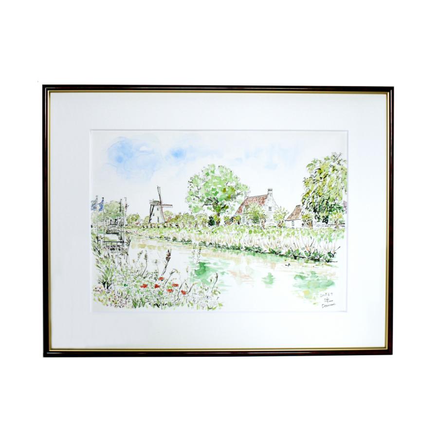 水彩(葦ペン画) 原画「ベルギー・ダムの町の川辺」