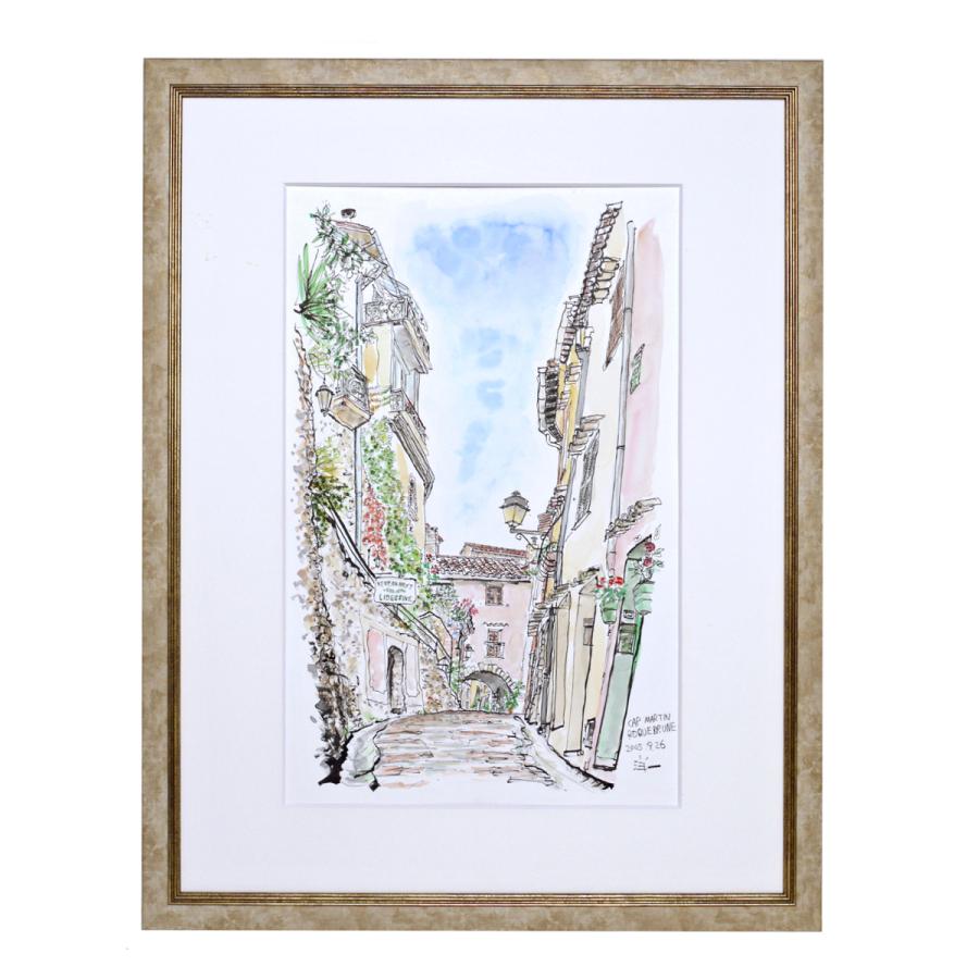 【029】水彩画(葦書き込み画) 原画「南フランス共和国、ロクブリュニュ・カプ・マルタンの小みち」 楽器、手芸、コレクション-日本画-美術、工芸品