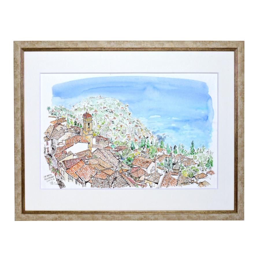 【030】水彩画(葦書き込み画) 原画「南フランス共和国、ロクブリュニュ・カプ・マルタンの町」 絵画-楽器、手芸、コレクション