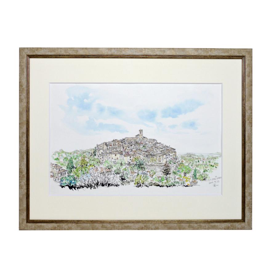 【031】水彩画(葦書き込み画) 原画「南フランス共和国、サン・ポール・ド・ヴァンスの町」 日本画-楽器、手芸、コレクション