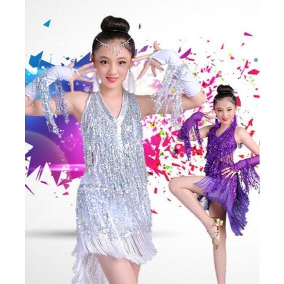 子供 演出服 ラテン ワンピース キッズダンス衣装 ジュニア スパンコール ダンスウェア 可愛い フリンジ ラテンドレス