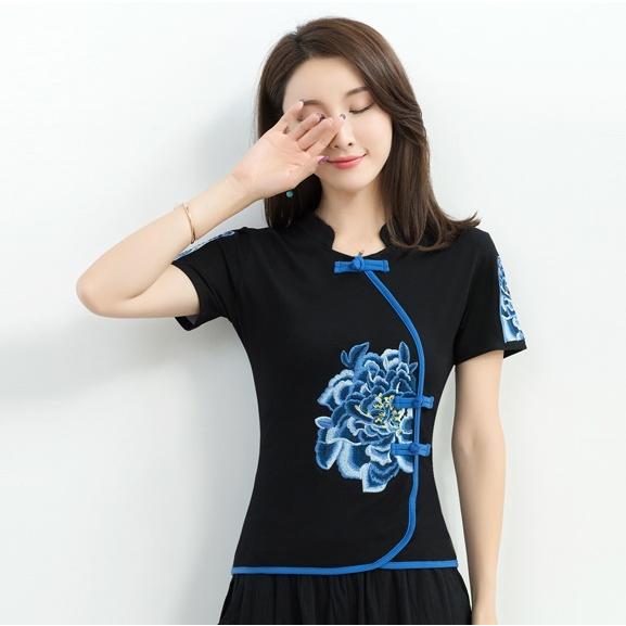 刺繍入りチャイナボタンカットソー Tシャツ チャイナ カットソー 太極拳 半袖 無地 チャイナボタン 刺繍