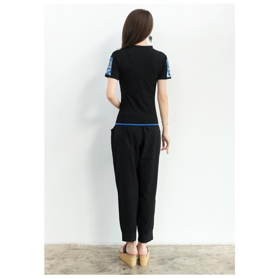 刺繍入りチャイナボタンカットソー Tシャツ チャイナ カットソー 太極拳 半袖 無地 チャイナボタン 刺繍