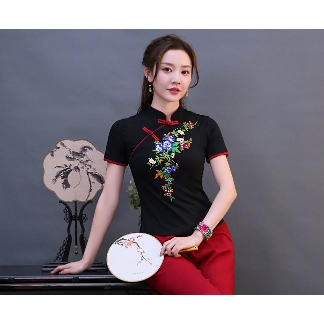 刺繍入りチャイナボタンカットソー Tシャツ チャイナ カットソー 太極拳 半袖 無地 チャイナボタン 刺繍