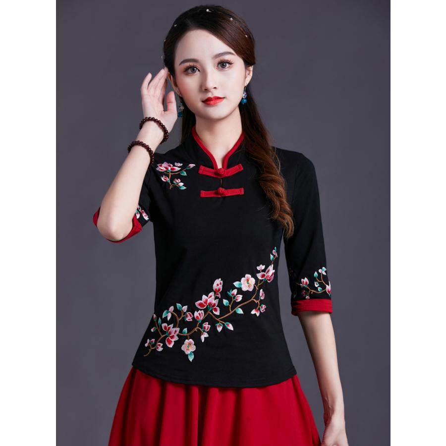 Tシャツ チャイナ トップス 太極拳 七分 レディース エスニック : 香