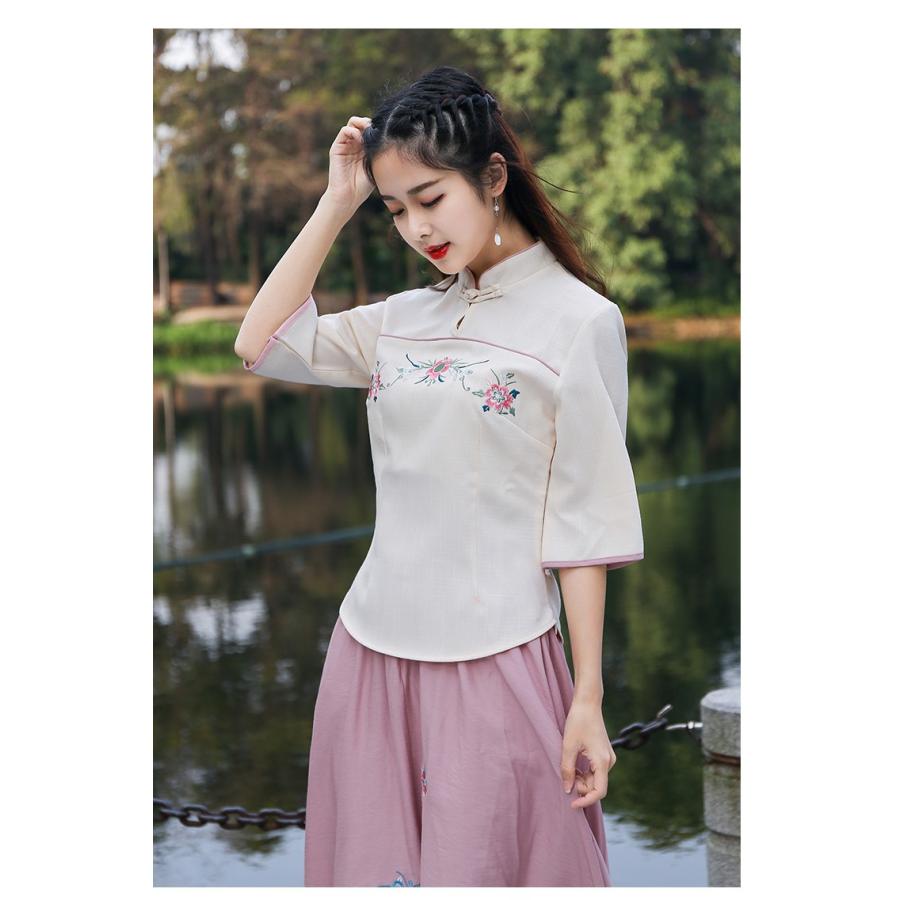 チャイナ風ブラウス 民族風 太極拳 二胡 七分袖 エスニック風トップス