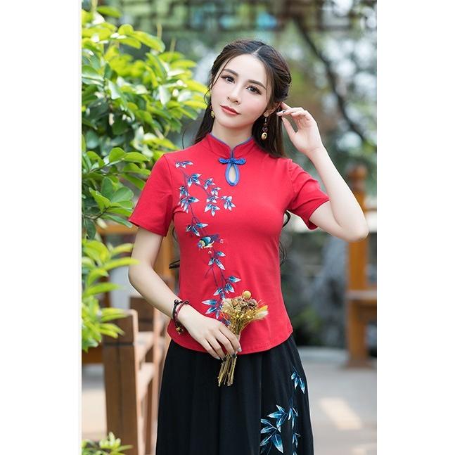Tシャツ チャイナ カットソー 太極拳 半袖 無地 立ち襟 刺繍 中国風
