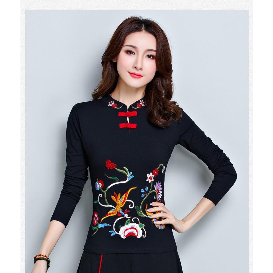 Tシャツ チャイナ カットソー 太極拳 長袖 無地 立ち襟 刺繍 中国風