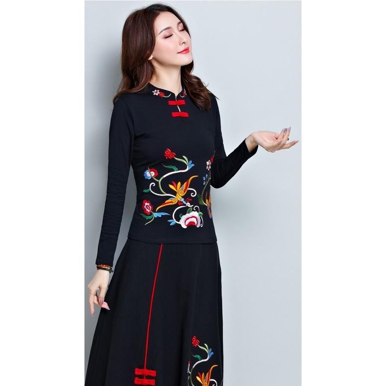 Tシャツ チャイナ カットソー 太極拳 長袖 無地 立ち襟 刺繍 中国風