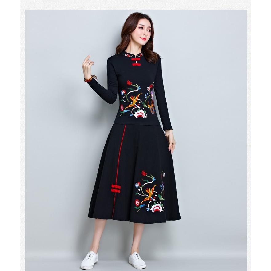 ☆ozzon☆　チャイナカットソー　 蝶刺繍の長袖トップス ☆ozzon☆ チャイナカットソー 蝶刺繍の長袖トップス