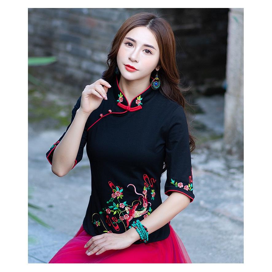 Tシャツ チャイナ カットソー 中国風 綿Tシャツ 太極拳 七分袖 花 