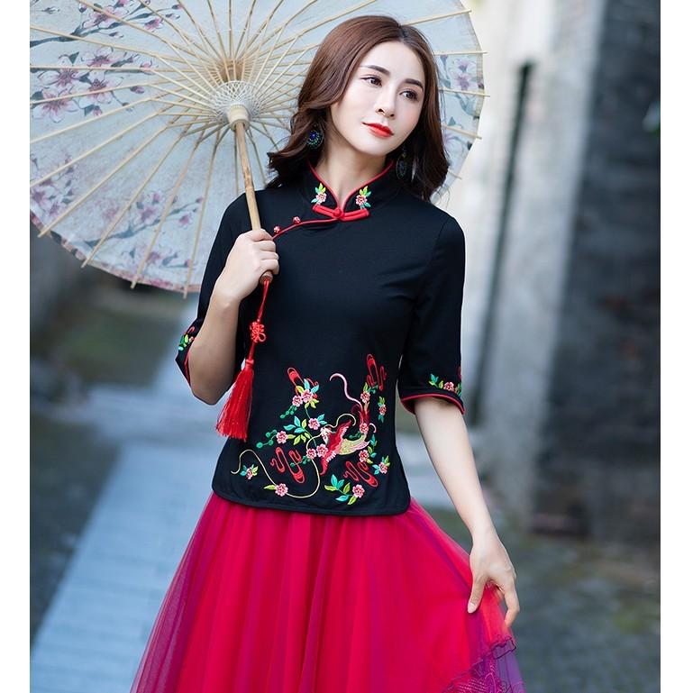 Tシャツ チャイナ カットソー 中国風 綿Tシャツ 太極拳 七分袖 花 