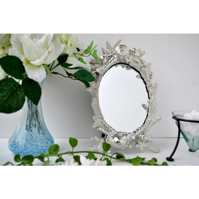 ミラースタンド おしゃれ オーバル シェル シルバー 鏡 卓上 西海岸 コースタル コーラルリビング 結婚祝いに インテリア | 