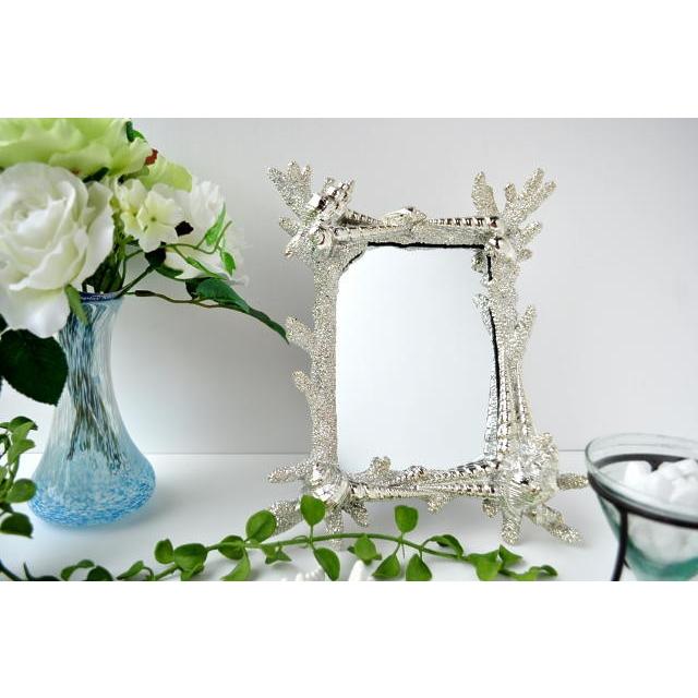 ミラースタンド おしゃれ スクエア シェル シルバー 鏡 卓上 西海岸 コースタル コーラルリビング 結婚祝いに インテリア | 