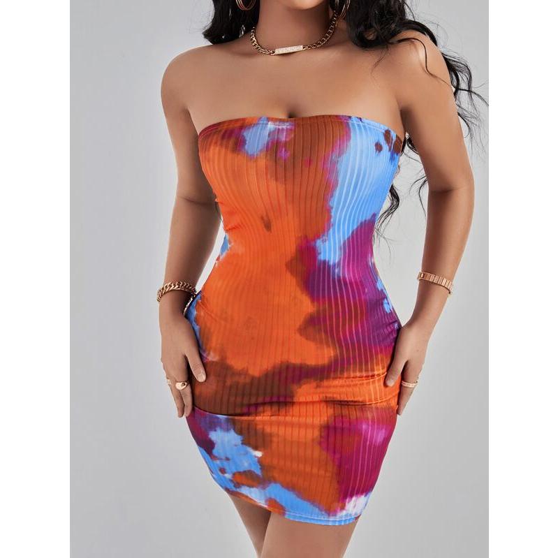 超話題新作 レディース ドレス 絞り染め バックレス リブニット チューブボディコンドレス