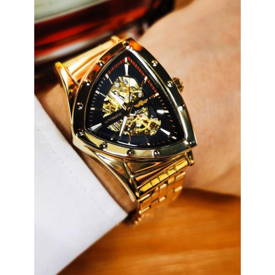 腕時計 メンズ 機械式 - 1個 高級ゴールドトライアングルスケルトン