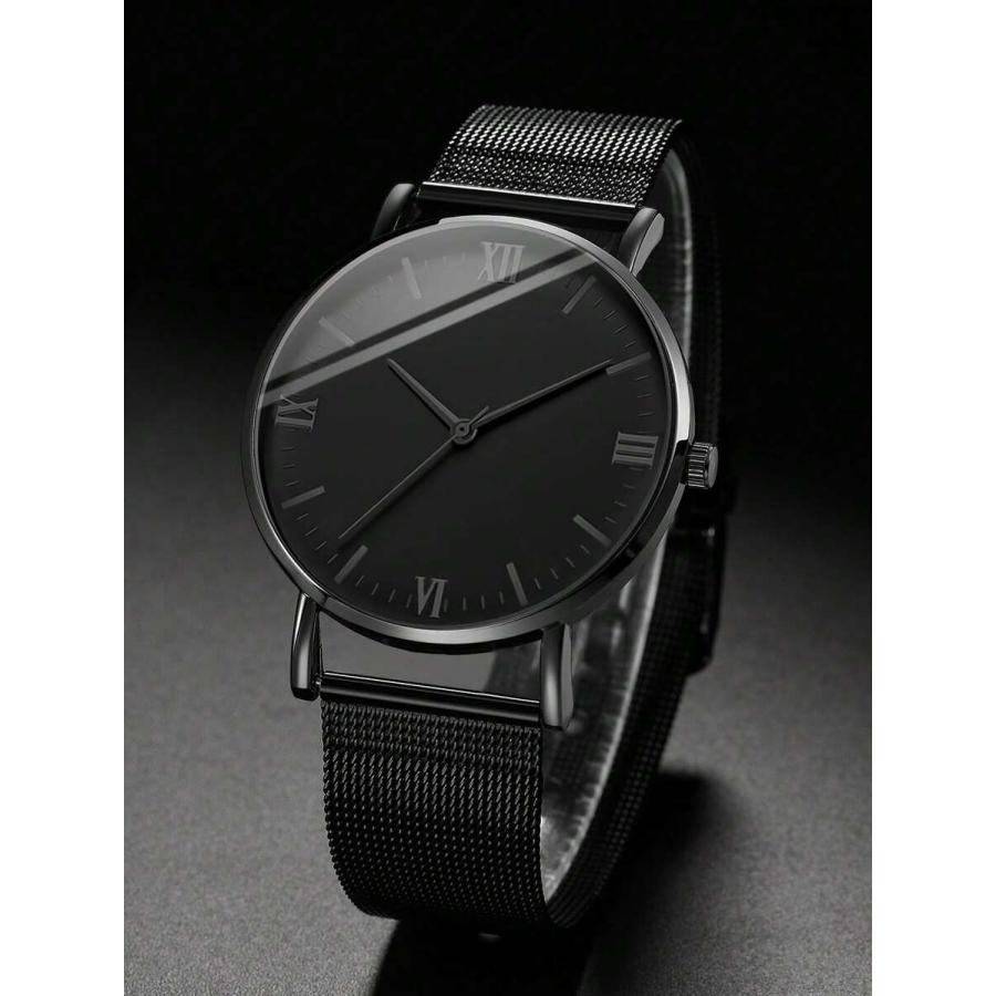 腕時計 メンズ クォーツ ブラックメッシュバンド ミニマリスト ローマ