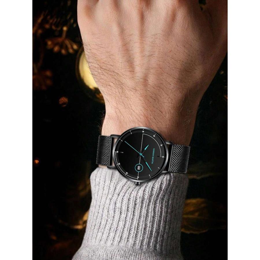 腕時計 メンズ クォーツ ミニマリスト メンズ 腕時計 ビジネス ウルトラスリム ステンレススチール メッシュベルト 黒いギフトボ｜sports-studio2013｜04