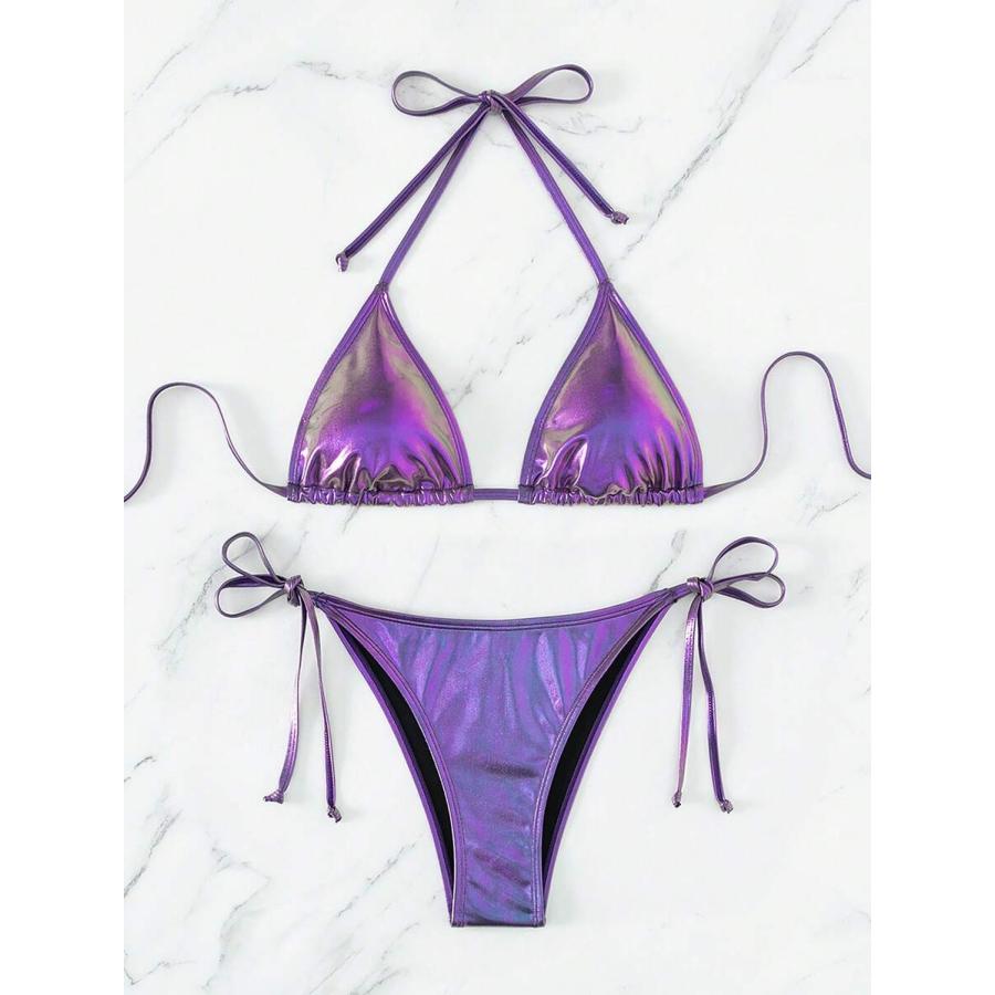 レディース 水着 ビキニセット メタリック ホルター 三角形 横結び
