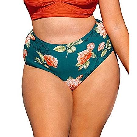 CUPSHE Women's Plus Size Teal Floral High Waisted Bikini Bottom, 1X 好評販売中 スイムショーツ