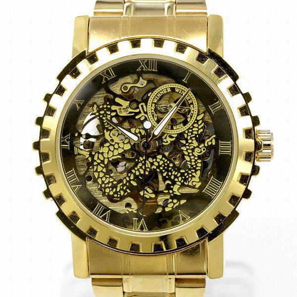 自動巻き腕時計 メンズ腕時計 フルスケルトン ゴールド メタルベルト