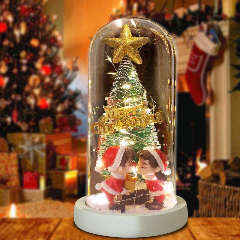 Yibaision ガラスドーム クリスマスツリー 造花 LEDライト付き 可愛いカップルキス 置物 電池式 卓上ミニクリスマスツリー ガラ
